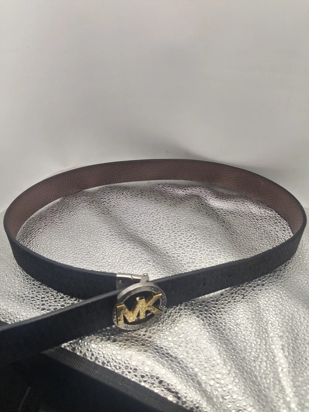 Michael Kors Womens Black Leather Belt with Gold MK Logo Buckle